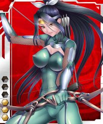 00s arrow_(projectile) bodysuit bow bow_(weapon) breasts card_(hr) card_(medium) card_(red-hr) female female_focus green_eyes headband large_breasts lilith-soft official_art ponytail solo taimanin_(series) taimanin_asagi taimanin_asagi_battle_arena taimanin_asagi_battle_arena_all_card_gallery taimanin_asagi_kessen_arena weapon yubashiri_hayate zol