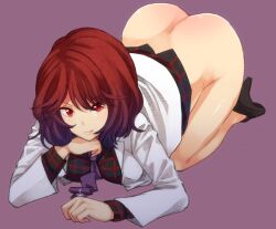 ass bad_id bad_twitter_id bottomless female full_body high_heels horikawa_raiko jacket kneeling long_sleeves looking_at_viewer mature_female necktie plaid plaid_shirt purple_background raiko_horikawa red_eyes red_hair shirt short_hair simple_background smile solo top-down_bottom-up touhou urin vest