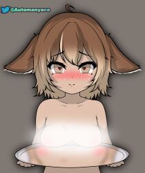 1girls 2d 2d_(artwork) ahoge antlers areolae automanyaco blush blush_lines blushing breasts breasts_on_tray brown_background censored censored_nipples cowlick deer deer_antlers deer_ears deer_girl female female_focus female_only heart-shaped_pupils hearts looking_at_viewer luigivt medium_breasts naked naked_female nipples nude nude_female reflection solo solo_female solo_focus tagme two_tone_hair