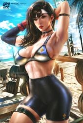 abs armpits beach brown_hair final_fantasy final_fantasy_vii final_fantasy_vii_rebirth final_fantasy_vii_remake gloves logan_cure shorts sports_bra sportswear tifa_lockhart