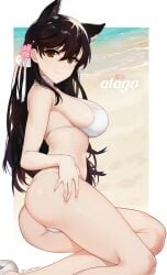 1girls atago_(azur_lane) atago_(summer_march)_(azur_lane) azur_lane beach big_ass big_breasts black_hair brown_eyes cat_ears choker eyebrows_visible_through_hair female female_focus female_only flower_in_hair hair_ornament hanging_balls hi_res light-skinned_female light_skin looking_back sakura_empire_(azur_lane) sendo_(sendrawz) sendrawz signature solo text white_bikini