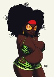 1girls 2d 2d_(artwork) afro areola_slip areolae belly big_belly big_breasts bikini breasts canon_pregnancy dark-skinned_female dark_skin duck4lunch female glasses hairband huge_breasts jessica_drew jessica_drew_(earth-332) large_breasts marvel outie_navel pregnant solo spider-man:_across_the_spider-verse spider-man_(series) thick_thighs tiger_print wide_hips