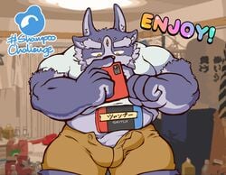 2020 anthro belly bottomwear bulge clothing erection erection_under_clothing gamush4ra genitals hi_res hikiganebousou humanoid_hands male male_only nintendo nintendo_switch overweight overweight_male penis phone shirt shorts solo tokyo_afterschool_summoners topwear tsathoggua video_games