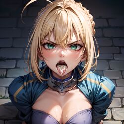 1girls after_fellatio after_oral ai_generated angry angry_face arbitrary artoria_pendragon blonde_hair cleavage cum cum_in_mouth fate_(series) green_eyes hi_res medium_breasts open_mouth oral_creampie saber stable_diffusion tongue_out