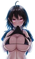 ahoge bikini black_bikini black_dress black_hair breasts cleavage closed_mouth clothes_lift commentary_request covered_erect_nipples dress dress_lift ebi_193 female hands_up houjuu_nue large_breasts lifted_by_self looking_at_viewer micro_bikini micro_bikini_top mouth_hold no_wings nue_houjuu pink_eyes pointy_ears red_eyes short_sleeves simple_background smile solo string_bikini swimsuit touhou upper_body white_background wristband