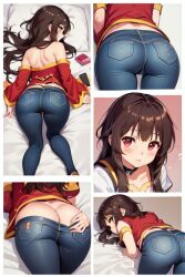 adorable ai_generated big_ass big_butt cute female hand_on_butt jeans kawaii megumin multiple_views teasing tight_clothing touching_ass