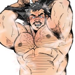 1boy abs armpit_hair armpits arms_up bara blush come_hither highres large_pectorals looking_at_viewer male_focus mature_male mokushiroku_no_yonkishi muscular muscular_male nanatsu_no_taizai nipples nude pectorals pellegarde pencil_mustache seductive_smile seven_deadly_sins smile sole_male solo solo_male sparse_chest_hair steaming_body strongman_waist thick_eyebrows undressing upper_body wrinkled_skin yoshio_(ginnan_0510)