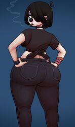 1girls ass big_ass black_eyes black_hair blue_background brown_eyes bubble_ass bubble_butt cigarette clown curvy dat_ass ear_piercing female female_only fizzie_(vendant) goth hair hair_over_one_eye hands_on_hips huge_ass jeans looking_at_viewer looking_back nail_polish original_character pants smoking thick_thighs tight_jeans tight_pants vendant