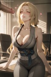 1boy 1girl after_fellatio ai_generated areola_slip bare_shoulders blonde_hair blush breasts cleavage cum erection facial facial_mark forehead_mark heart hetero hi_res high_quality high_resolution indoors large_breasts long_hair mature naruto_(series) no_bra pants patreon patreon_username penis sash seductive sexy sitting smile solo_focus tsunade twintails uncensored watermark