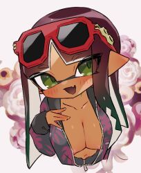 1girls areola_slip areolae bangs blunt_bangs blush breasts cleavage dokudami-sama_(vaz_999) glasses glasses_on_head green_eyes inkling inkling_girl jacket looking_at_viewer navel nipples_peek no_bra open_mouth pointy_ears solo solo_female solo_focus splatoon splatoon_(series) sunglasses sunglasses_on_head tentacle tentacle_hair tentacles unzipped unzipped_jacket upper_body vaz_999