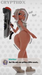 2girls 3d agent_8_(side_order) agent_8_(splatoon) ass ass_focus big_ass blush casual clothed clothing crypti1d dark-skinned_female dark_skin female female_focus female_only footwear large_ass light_skin looking_back marina_(splatoon) rear_view short_hair simple_background solo solo_focus splatoon splatoon_3 splatoon_3:_side_order standing sweat text thick_thighs