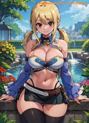 1girls ai_generated bare_shoulders big_breasts blonde_hair brown_eyes cleavage fairy_tail hi_res large_breasts low_twintails lucy_heartfilia mabi_ai midriff navel skindentation skirt thick_thighs thigh_gap thighhighs twintails wide_hips