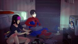 1boy1girl 3d cameo capcom crossover eastern_and_western_character female hanging_out juri_han koikatsu mahvel_baybee marvel marvel_comics marvel_vs._capcom peter_parker playing_videogame reference rival_schools spider-man spidey-dude street_fighter wholesome