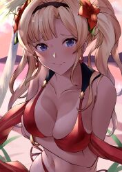 beach bikini blonde_hair blonde_hair blue_eyes breasts breasts breasts granblue_fantasy granblue_fantasy_versus looking_at_viewer red_bikini shy smile smiling smiling_at_viewer zeta_(granblue_fantasy)