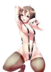 armpits breasts brown_hair cameltoe final_fantasy final_fantasy_xv fishnets iris_amicitia legs navel open_mouth posing sling_bikini stockings wristband yellow_eyes