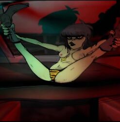 1girls biracial_female black_hair black_lipstick black_nails boobs breasts edit female_murdoc genderbend genderbent genderswap genderswap_(mtf) gorillaz holding_legs holding_legs_open inside_vehicle long_nails margot_niccals pattern_clothing pattern_underwear pink_nipples rule_63 sharp_nails sharp_teeth signature solo spread_legs spreading_legs thong tiger_print tits upside_down_cross