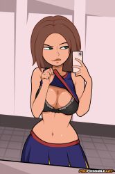 1girls bathroom big_breasts black_bra bonnie_rockwaller bra brown_hair cheerleader cheerleader_uniform cleavage curvaceous curvy curvy_body curvy_female curvy_figure dark_skin disney female flashing green_eyes kim_possible navel propossibleart selfie short_skirt smug smug_face smug_grin solo tan_skin voluptuous