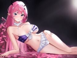 bangs bare_arms bare_shoulders bikini bikini_skirt blue_eyes blush breasts camila_(vtuber) closed_mouth female frilled_bikini frills halterneck horns indie_virtual_youtuber large_breasts long_hair looking_at_viewer lying marking_below_eyes navel on_side pink_hair pointy_ears smile solo stomach succubus swimsuit thighs very_long_hair virtual_youtuber white_choker