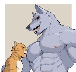 2024 abs anthro anthro_on_anthro areola barazoku biceps big_muscles border canid canine canis death_(puss_in_boots) domestic_cat dreamworks duo felid feline felis fur grey_background hand_on_back hi_res jrjresq licking male male/male mammal muscular muscular_anthro muscular_male nipple_fetish nipple_lick nipple_play nipples nude open_mouth open_smile pecs puss puss_in_boots_(dreamworks) puss_in_boots_(film) puss_in_boots_the_last_wish serratus simple_background size_difference smile tabby_cat teeth tongue tongue_out tuft white_border wolf