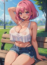 1girls ai_generated arm_up arms_behind_head bare_shoulders big_breasts booty_shorts cleavage crop_top crop_top_overhang hi_res highleg highleg_panties hotpants huge_breasts large_breasts mabi_ai nipples nipples_visible_through_clothing original original_character pink_eyes pink_hair purple_eyes see-through see-through_clothing short_hair shorts sideboob thick_thighs wide_hips