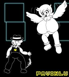 1boy 1girls 2d big_breasts bird boing boots breasts clover_(undertale_yellow) cowboy cowboy_boots cowboy_shot female fight flying furry gun hat humanoid hyper_breasts looking_at_breasts male martlet_(undertale_yellow) monochrome mostly_clothed mostly_clothed_female nozzle pavinlu surprised surprised_expression undertale undertale_(series) undertale_yellow