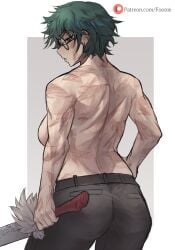 1girls ass big_ass big_breasts big_butt burn_scar female female_only foonie foonie_xd glasses green_hair jujutsu_kaisen looking_at_viewer looking_back scar scars_all_over sideboob solo solo_female solo_focus sword thick_thighs thighs topless wide_hips zenin_maki