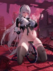 bar_censor big_belly black_bow black_dress black_gloves black_hairband black_thighhighs bottomless bow breasts building censored city closers commentary_request deep_skin dress female frilled_hairband frills full_moon gloves grabbing_own_breast hair_between_eyes hairband half_gloves highres huge_breasts huge_moon inflation kneeling large_breasts levia_(closers) long_hair looking_at_viewer moon motion_blur no_pupils no_shoes open_mouth outdoors panties pointy_ears post-apocalypse purple_eyes pussy pussy_juice red_moon ruins shirt skindentation sleeves_past_elbows solo surprised swd3e2 tearing_up tentacle thigh_strap thighhighs tongue tongue_out torn_clothes torn_dress underwear unworn_panties vaginal_penetration very_long_hair white_hair white_shirt