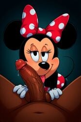 1boy 1girls ai-generated ai_generated black_eyes black_fur black_nose dark-skinned_male dark_skin disney erection fellatio female furry furry_female imminent_sex licking licking_penis looking_at_viewer male male_pov miniskirt minnie_mouse naughty_face oral penis pov precum ribbon simple_background skirt tongue tongue_out veins veiny_penis