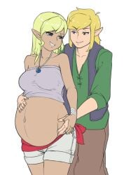 1boy 1girls aged_up akeggle belly big_belly big_breasts blonde_hair breasts casual clothing dark-skinned_female dark_skin female link male navel pregnant pregnant_female simple_background standing tetra the_legend_of_zelda the_wind_waker white_background wholesome wind_waker