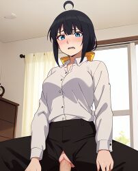 1girls ai_generated anime black_hair black_legwear blue_eyes blush clothed_sex clothing cowgirl_position female female_on_top jippensha_nashiko large_breasts male open_mouth penetration penis pon_no_michi pussy ranwai sex shirt short_hair spread_legs stable_diffusion torn_clothes vaginal_penetration