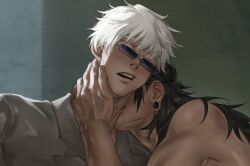 before_sex black_hair blush clothed_sex couple echoei3 gay hand_on_neck handles jujutsu_kaisen kissing kissing_neck love muscular_male piercing satoru_gojo shirt_lift sucking suguru_geto sunglasses surprised surprised_expression white_hair yaoi