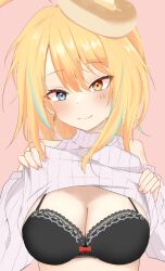 1girls black_bra blonde_hair blush blushing_at_viewer bra breasts cleavage clothes_lift eyebrows_visible_through_hair eyelashes female female_only head_tilt heterochromia indie_virtual_youtuber lace-trimmed_bra lace_trim lifting_clothing lingerie locolost looking_at_viewer pancake shaded showing_breasts showing_off simple_background sleeveless sleeveless_sweater sweater underwear upper_body virtual_youtuber