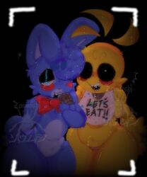 1boy1girl anthro belly blue_body bunny bunny_ears camera_view cctv five_nights_at_freddy's five_nights_at_freddy's_2 fnaf furry glossy no_clothes pleasure_face simple_background tagme thick_thighs thighs toy_bonnie_(fnaf) toy_chica_(fnaf) v4mp1333 yellow_body