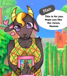 absurd_res animal_crossing anthro anykoe ass blonde_hair blush bovid breasts caprine female floating_hearts genitals goat hair hi_res horn looking_at_viewer mammal nan_(animal_crossing) nintendo photo pussy smile smiling_at_viewer solo speech_bubble text