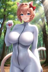 2024 ai_generated big_breasts blue_eyes bodysuit breasts cat_suit clothed clothed_female clothing doki_doki_literature_club fake_ears fake_tail female female_only fursuit hair_between_eyes human human_only light-skinned_female looking_at_viewer nai_diffusion pink_hair sayori_(doki_doki_literature_club) short_hair smile solo solo_female stable_diffusion standing video_game video_game_character