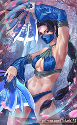 2d armpits arms_up bangs bare_arms bare_shoulders bikini black_hair blue_bikini blue_eyes bracelet breasts cleavage clenched_hands dual_wielding earrings eyelashes fantasy female female_only fighting_stance fingernails holding jewelry judash137 kitana light-skinned_female light_skin long_hair looking_at_viewer magic mask medium_breasts mortal_kombat muscle navel revealing_clothes skirt solo solo_female standing swimsuit thighhighs thighs tiara toned very_long_hair weapon