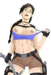 2024 abs areolae athletic athletic_female backpack bare_midriff belt big_breasts braid breasts breasts_out brown_eyes brown_hair busty crop_top female female_focus female_only fingerless_gloves hourglass_figure lara_croft lara_croft_(classic) long_hair navel necklace nipples shorts tagme thigh_holster tipodeincognito tomb_raider wide_hips