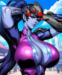 ai_generated arms_behind_head breast_focus cleavage close-up fixing huge_breasts overwatch overwatch_2 ponytail round_breasts thin_waist widowmaker