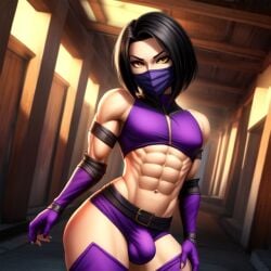 1boy abs ai_generated belt black_hair bulge clothed clothing femboy frosting.ai mask masked masked_male mileena mortal_kombat mostly_clothed muscles muscular muscular_male penis penis_bulge purple_clothing purple_letter self_upload solo yellow_eyes