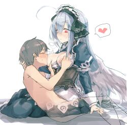 1boy animal_ears bee_(deadflow) breastfeeding character_request emil_chronicle_online female fox_ears grey_hair heart heart-shaped_pupils long_hair red_eyes symbol-shaped_pupils