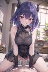 ai_generated bedroom black_dress demon demon_girl horns kinsou_no_vermeil looking_at_viewer milf red_eyes riding riding_penis stable_diffusion succubus vaginal_penetration vaginal_sex vermeil vermeil_(kinsou_no_vermeil) vermeil_in_gold violet_hair