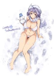 bare_arms bare_legs bare_shoulders barefoot bikini breasts bucket character_name cleavage expressionless female from_above full_body hat large_breasts letty_whiterock light_purple_hair looking_at_viewer ototobe purple_eyes scarf snow snowman solo string_bikini swimsuit thigh_gap touhou white_background white_bikini white_headwear white_scarf