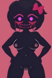 ai_generated black_hair black_skin blood_drool blood_tears bow_in_hair corrupted creepy doki_doki_literature_club fnf_mod friday_night_funkin friday_night_funkin_(corruption_mod) friday_night_funkin_mod glowing_eyes hands_on_hips infected jumpscare looking_at_viewer naked nude pink_bow pink_nipples pink_teeth pixai sayori_(doki_doki_literature_club) simple_background smile spooky teeth