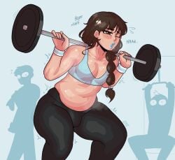 1boy belly blue_lipstick blush braid braided_ponytail brown_eyes brown_hair bulge chubby chubby_femboy chubby_male commission crouching fat femboy girly hi_res leggings lipstick loggus_doggus long_hair male male_focus male_only one_eye_closed original plump solo sports_bra squatting sweat sweating thick_thighs weightlifting working_out workout workout_clothes