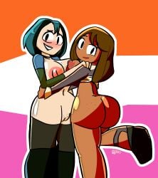 2girls big_ass big_breasts boots courtney_(tdi) dark-skinned_female freckles gwen_(tdi) multiple_girls shirt_lift shy stockings total_drama_island yuri