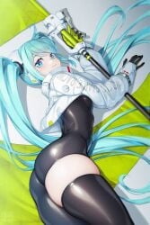 big_ass blue_eyes blue_hair bodysuit goodsmile_racing hatsune_miku on_bed racing_miku thick_thighs twintails vocaloid