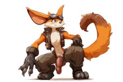 ai_generated aiwhite_fur black_nose blue_eyes daxter goggles jak_and_daxter large_penis long_ears looking_away male male_only novelai orange_fur ottsel pants penis smile snout solo_focus testicles vest whiskers white_background