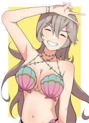 1girls alternate_costume bakaretsu bikini breasts cleavage closed_eyes corrin_(fire_emblem) corrin_(fire_emblem)_(female) female female_only fire_emblem fire_emblem_cipher fire_emblem_fates grey_hair medium_breasts nintendo official_alternate_costume solo swimsuit v