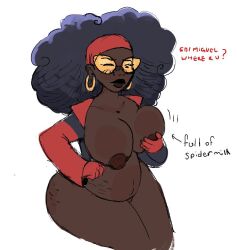 1girls 2d 2d_(artwork) afro alien0juice belly big_belly big_breasts breasts canon_pregnancy cellulite dark-skinned_female dark_hair dark_nipples dark_skin dialogue female female_only glasses grabbing_own_breast groping groping_breast jessica_drew jessica_drew_(earth-332) marvel marvel_comics nipples one_eye_closed pregnant sitting solo spider-man:_across_the_spider-verse spider-man_(series) spider-woman spider-woman_(jessica_drew) text thick_thighs