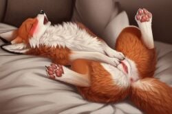 2024 ai_generated anus bed blush blushing_profusely closed_eyes feral fox furry legs_apart legs_spread localguyhere looking_pleasured on_back on_bed open_mouth orange_fur pawpads paws pink_pawpads pleasure_face pussy realistic snout spread_legs tail white_fur